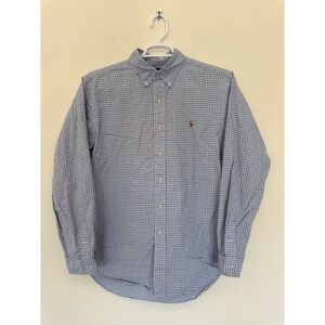 RALPH LAUREN Men's Size L Classic Fit Blue White Plaid Button‎ Down Dress Shirt